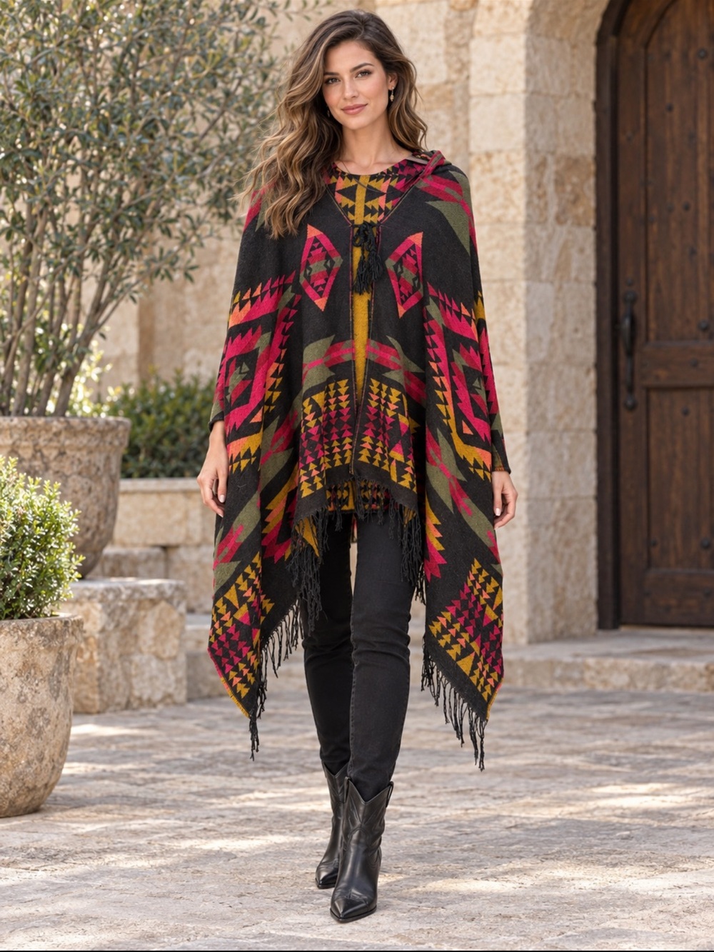 Idyllwind Southwestern Hooded Fringe Poncho Cape One Size Black Western
